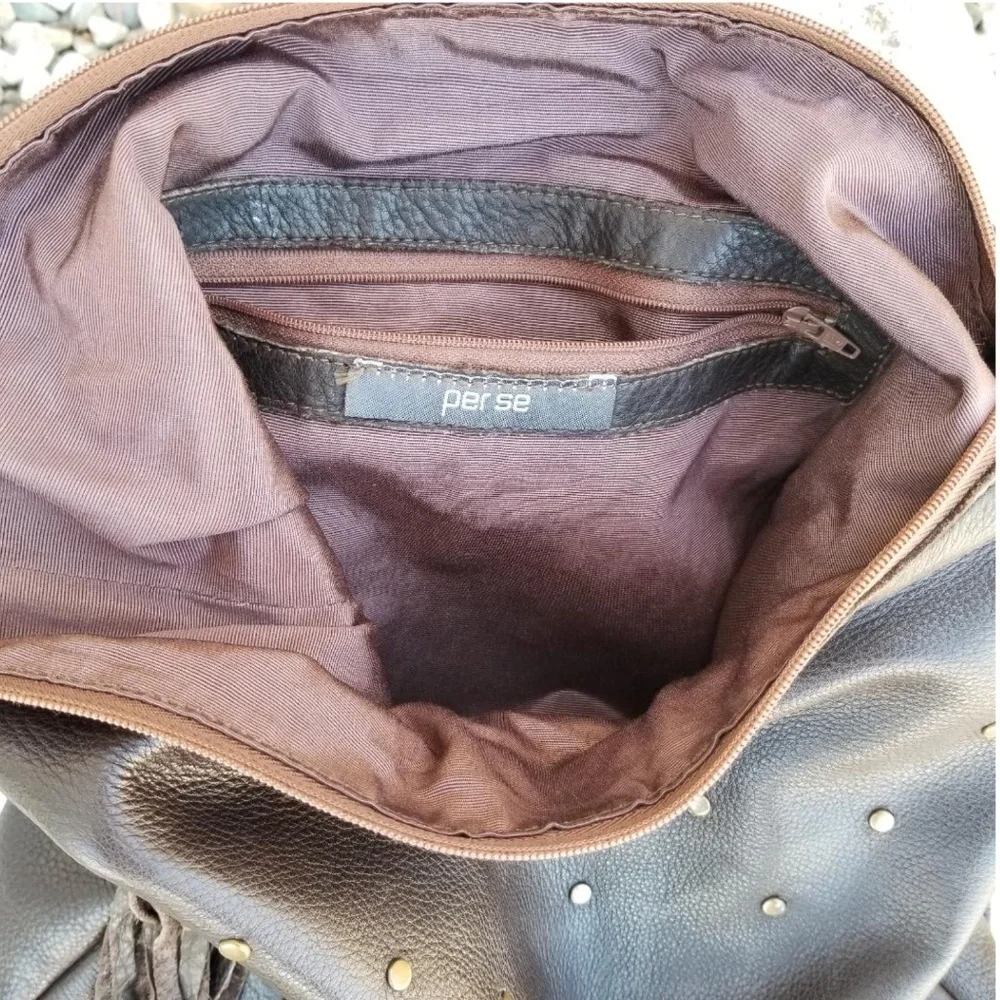 Per Se Dark brown leather bag w/ brass studs Large - Picture 4 of 13